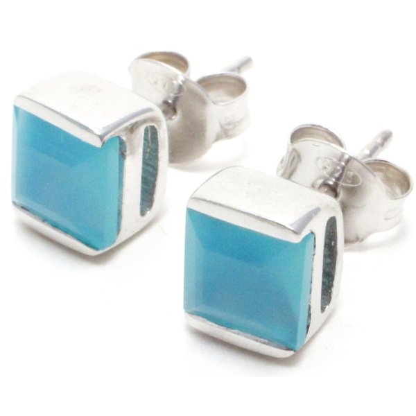 Blue Chalcedony Square silver Stud Earrings.